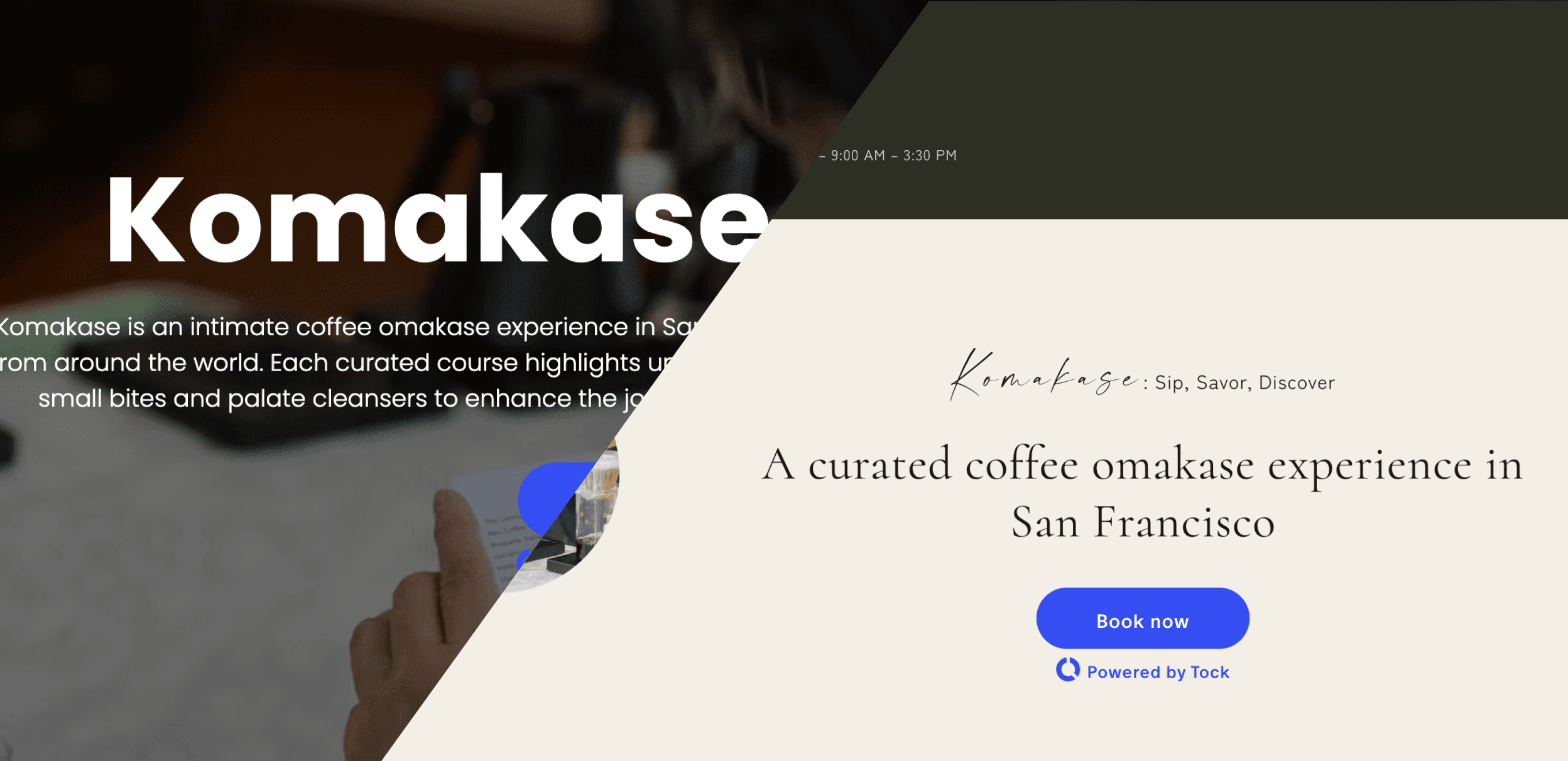 Image of the Komakase website hero section with bold typography, curved split layout, and a ‘Book now’ button for a curated coffee omakase experience in San Francisco.