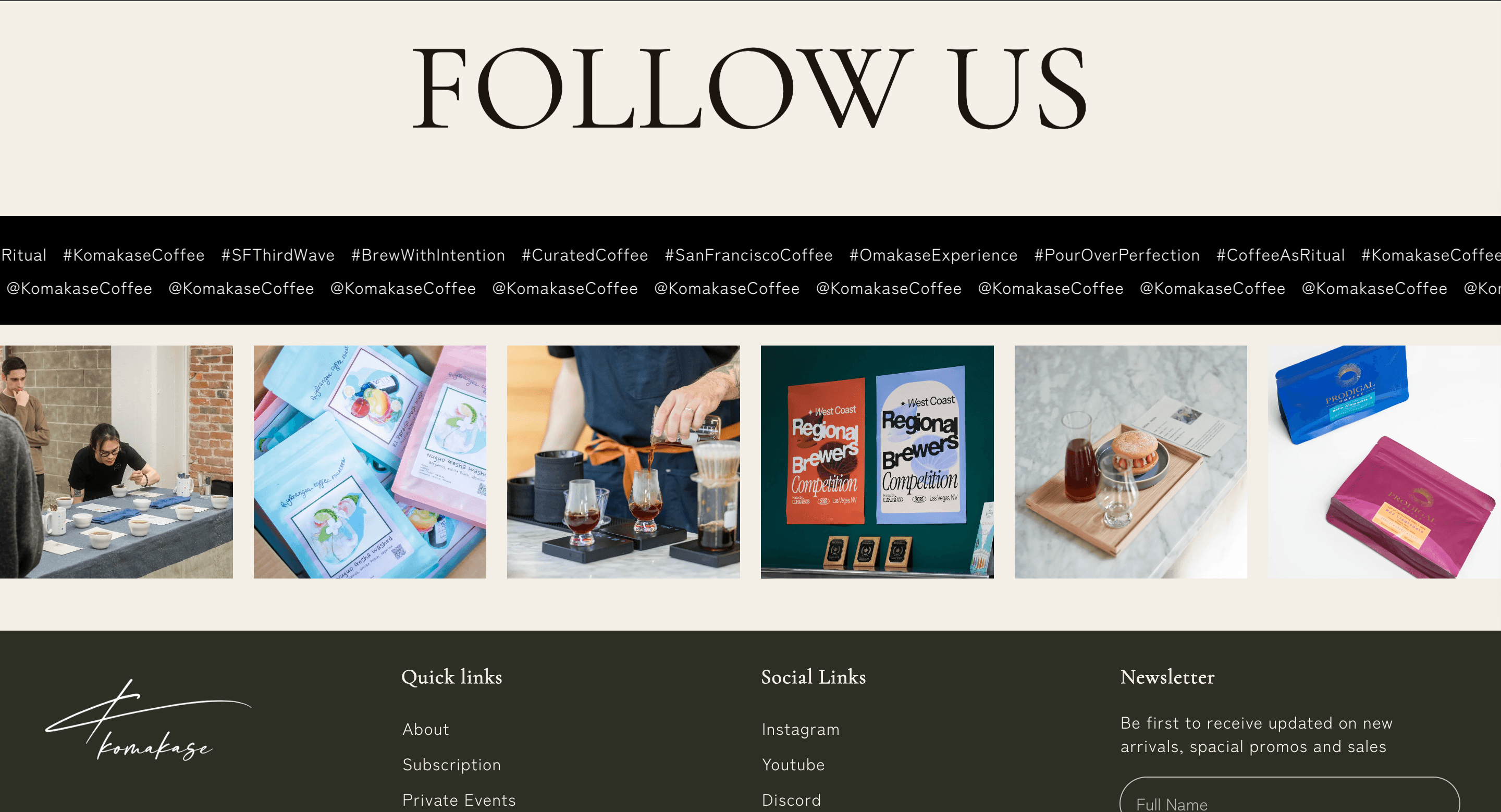 Image of Komakase website footer and social section featuring Instagram gallery, coffee brewing imagery, and newsletter signup.