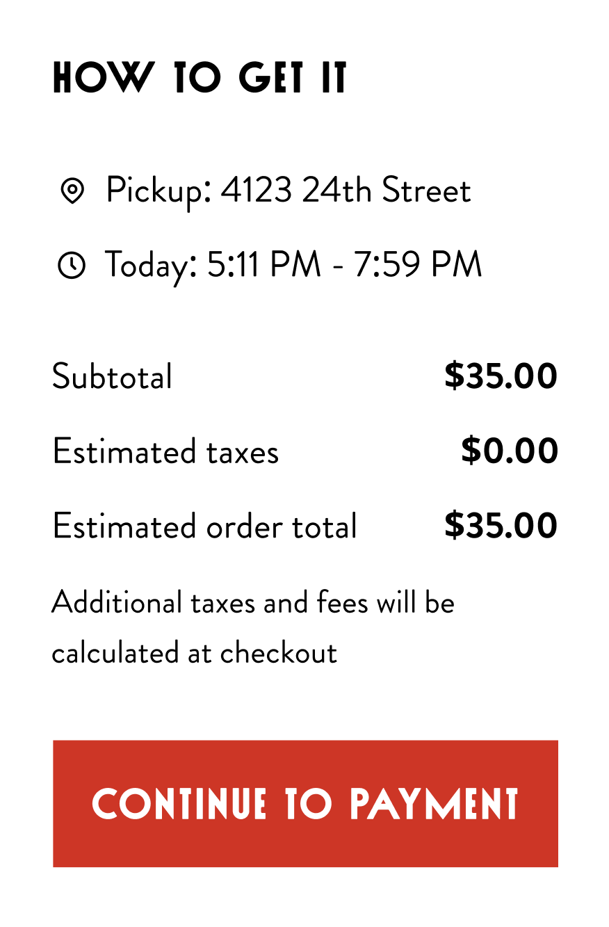 Section titled 'How to Get It' listing pickup address and available time window